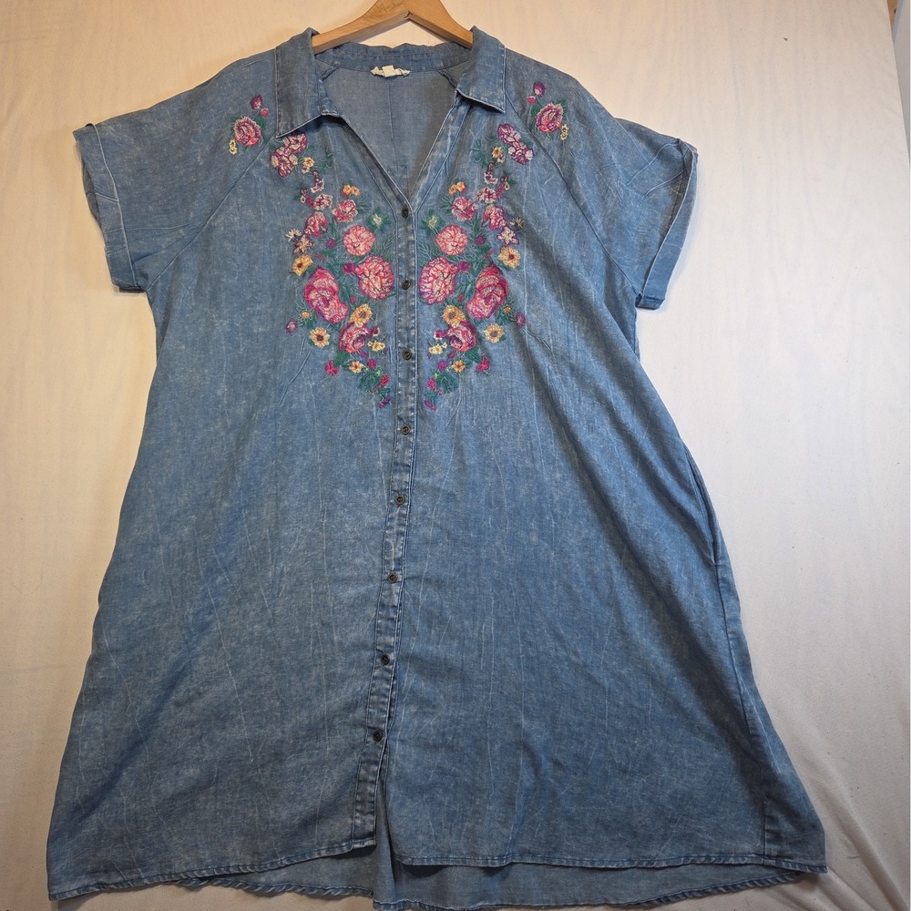 Oddi Women's 3X Blue Chambray Floral Embroidered Button Shirt Dress Pockets